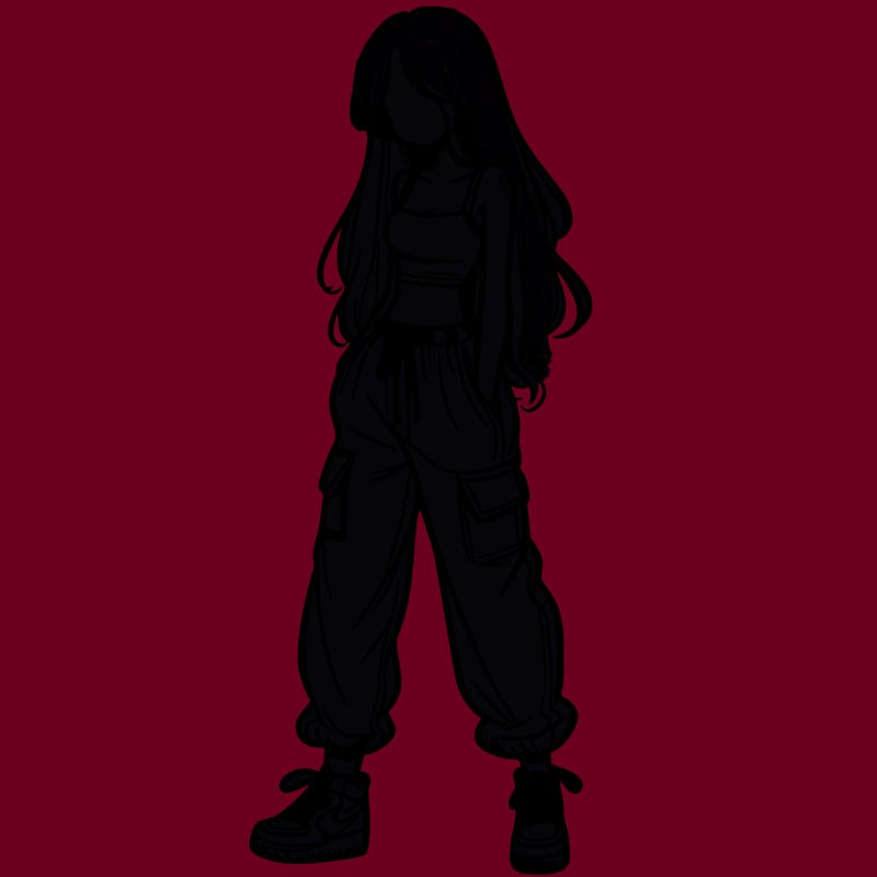 girl in baggy pants crop top and long hair