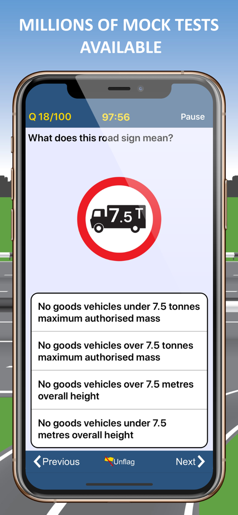 2026 HGV & LGV Theory Test Kit - Mock HGV theory test question interface showing a 7.5 tonne weight limit road sign and multiple choice answers.