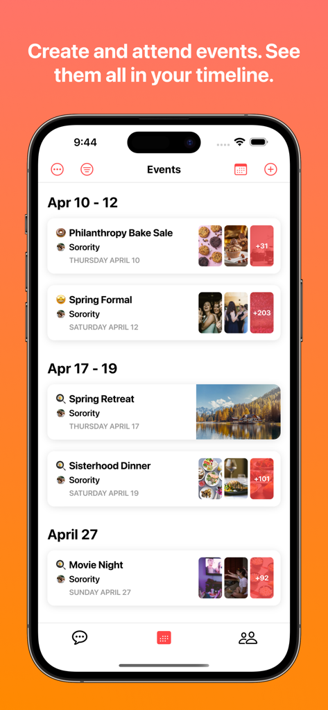 Flare - For Groups - Flare app events timeline displaying a list of sorority group activities and dates