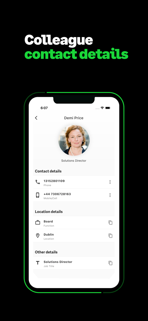 Sage People - Sage People Mobile App-Bildschirm mit Kontaktinformationen von Kollegen, einschließlich Telefonnummer und Standort