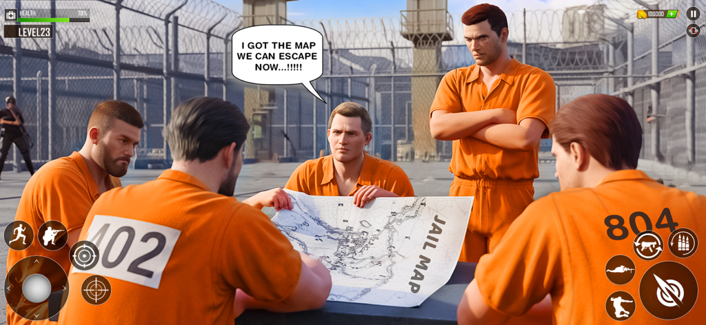 Jail Break Prison Escape Game - Inmates in orange jumpsuits planning an escape with a jail map