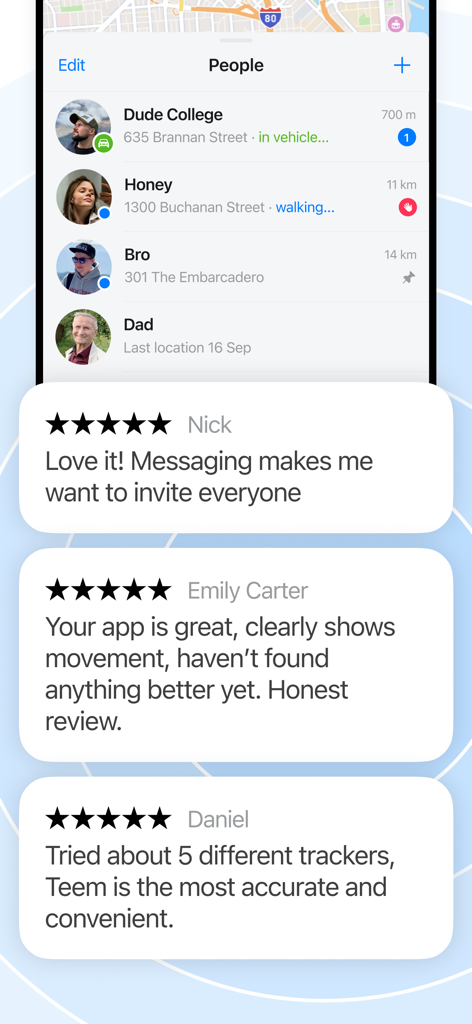 Teem app interface showing the contact list and positive five star user reviews