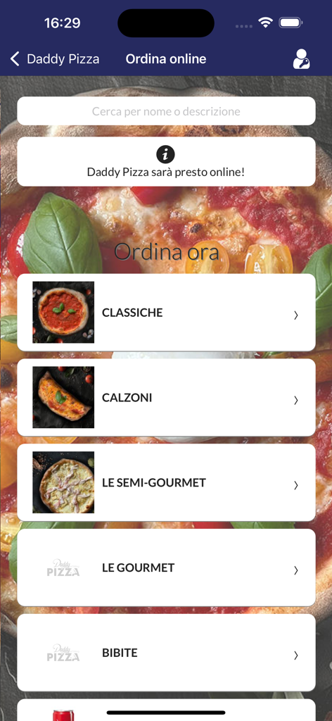 Daddy Pizza - Interfaccia dell'app mobile Daddy Pizza che mostra categorie di menu come pizze classiche e calzoni per l'ordinazione online.