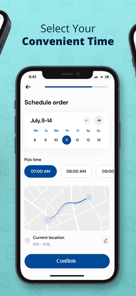 On My Way: Car Wash - Mobile app interface showing the scheduling screen for booking a car wash including date and time selection.