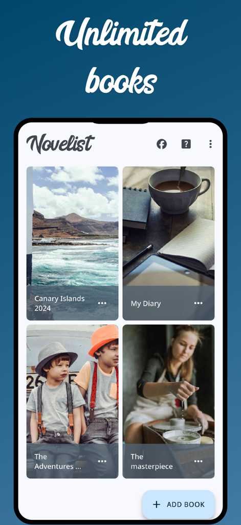 Novelist app interface displaying a library of user created books with cover images and a button to add new books.
