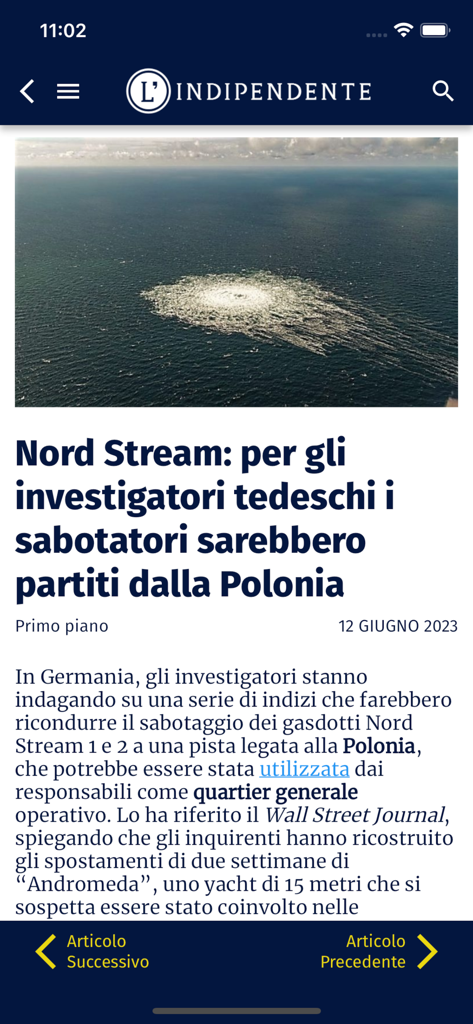 북 스트림 파업 조사에 관한 L'Indipendente 앱의 뉴스 기사.