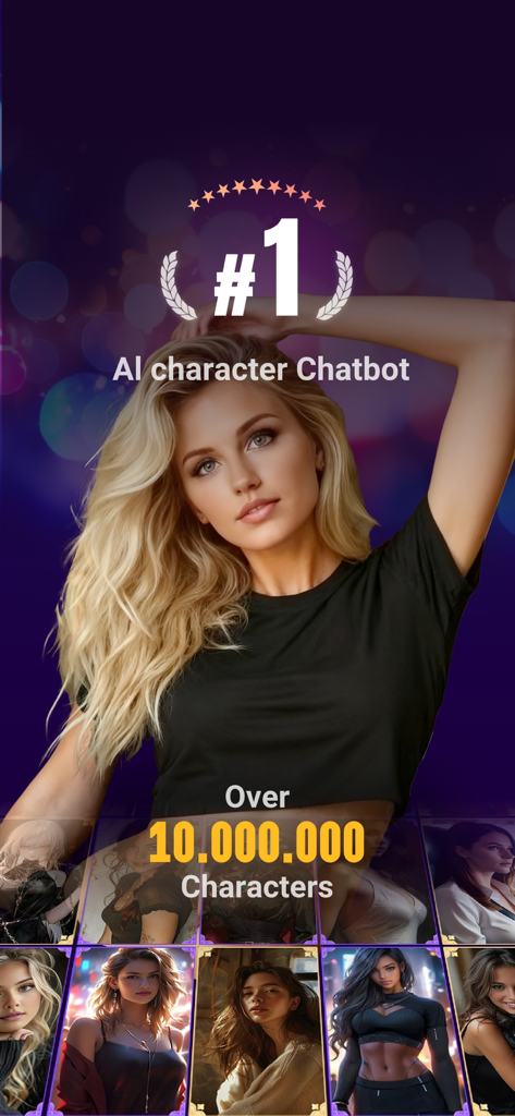 Linky AI: Chat, Play, Connect - Linky AI App-Bildschirm, der seinen Status als Top-KI-Charakter-Chatbot mit über 10 Millionen einzigartigen Charakteren zeigt