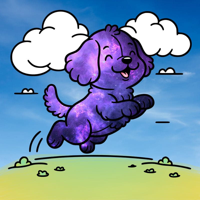 a jumping dog in front of a cloud