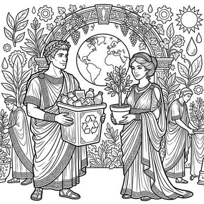 Journey back in time with our unique coloring page featuring noble Roman Patricians championing Earth Day. Witness them actively recycling and nurturing new life, blending ancient culture with vital environmental action.