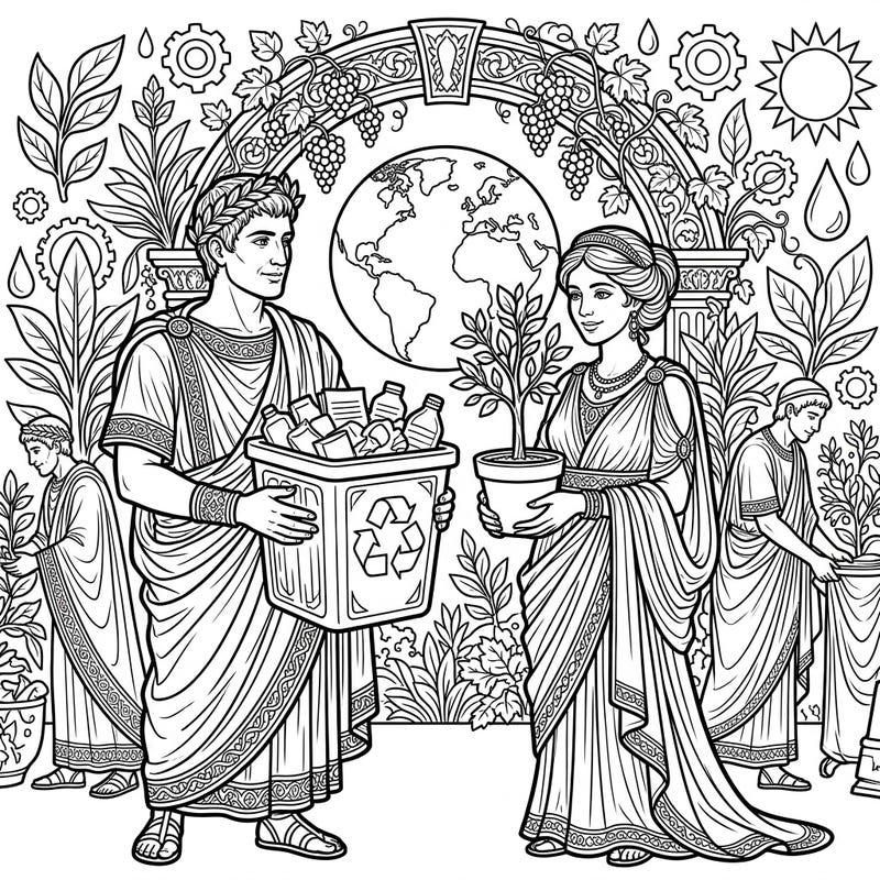 Journey back in time with our unique coloring page featuring noble Roman Patricians championing Earth Day. Witness them actively recycling and nurturing new life, blending ancient culture with vital environmental action.