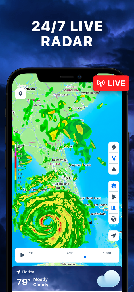 Storm Tracker° - Storm Tracker mostrando un mapa de radar meteorológico en vivo de un huracán sobre Florida