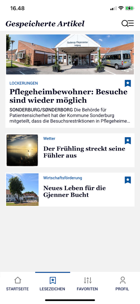 Interfaz que muestra artículos de noticias guardados en la aplicación Der Nordschleswiger.
