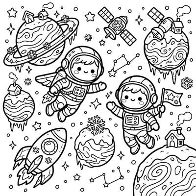 Embark on an out-of-this-world journey with this delightful Kawaii Space coloring page, featuring adorable astronauts and frozen planets. It's the perfect blend of futuristic fun and cozy winter charm, ready for your creative touch.