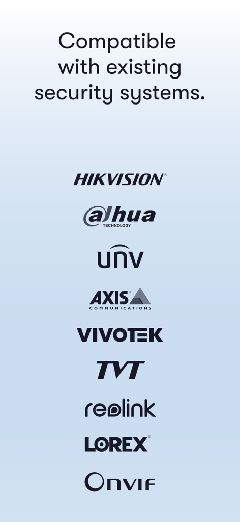 List of security camera brands compatible with CCTV Connect including Hikvision Dahua and Axis