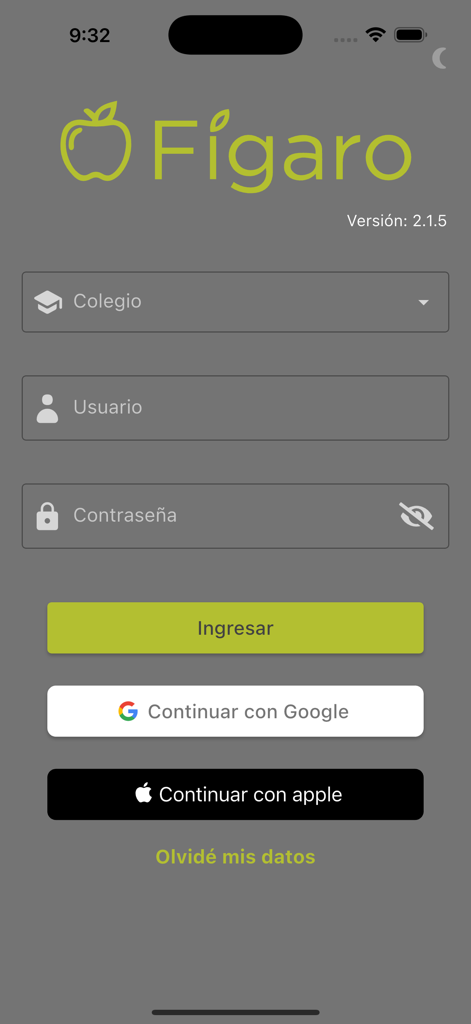 Login screen for the Figaro school management app featuring username and password fields with options to sign in via Google or Apple