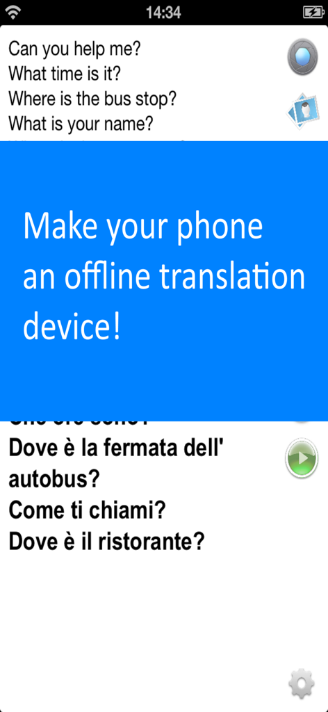Translate Offline: Italian Pro - Offline translation app screen showing English phrases and Italian translations