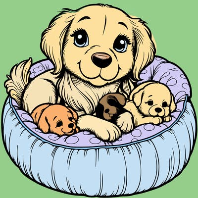 realistic mom dog snuggling with pups in a dog bed