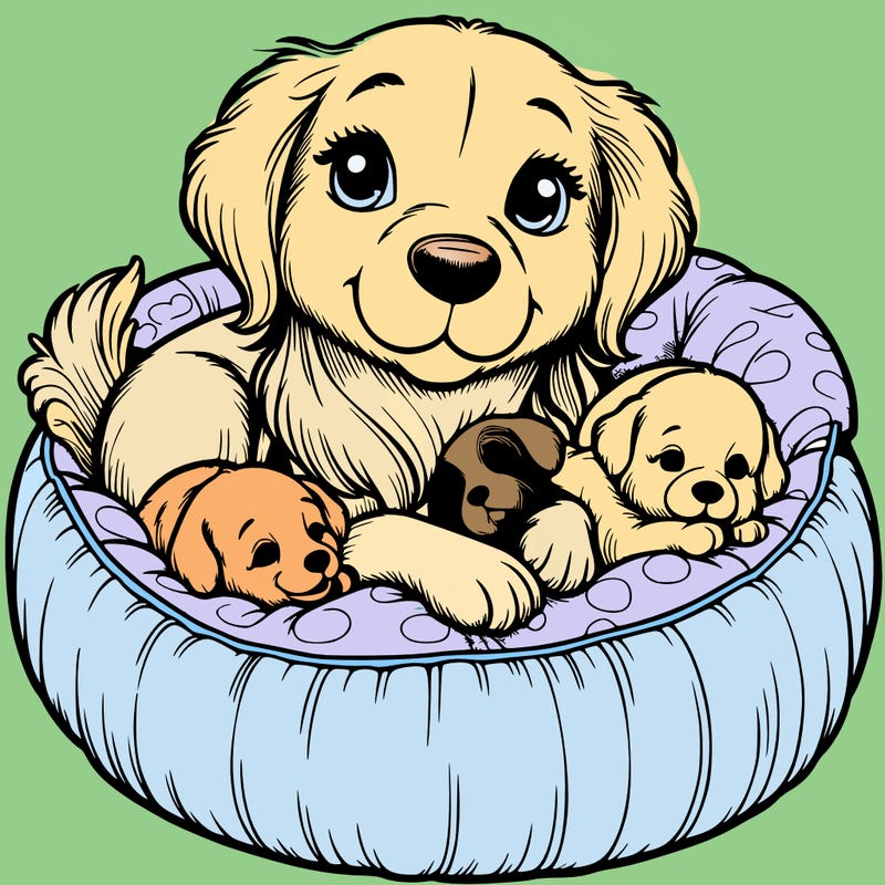 realistic mom dog snuggling with pups in a dog bed
