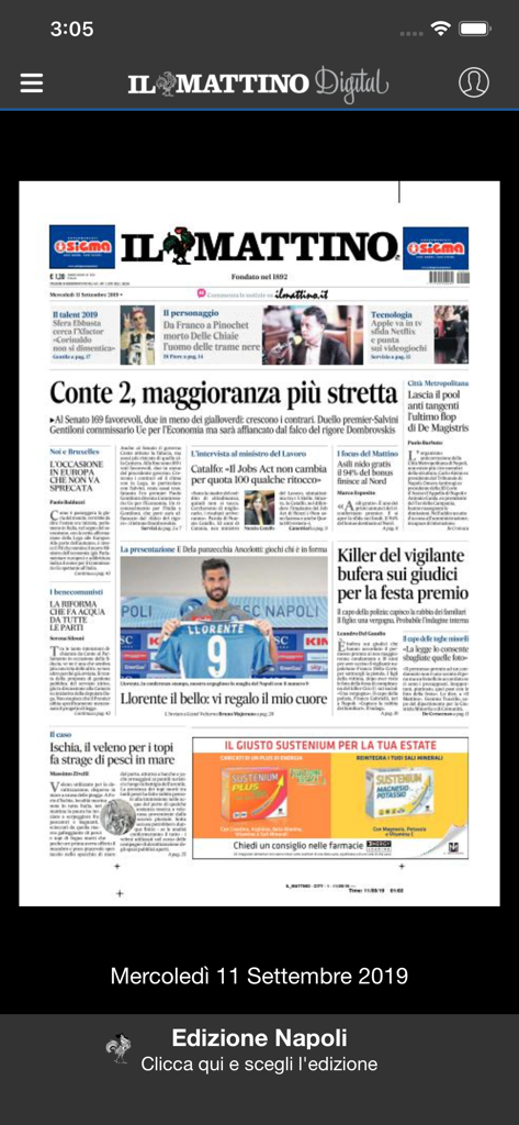Il Mattino - Edizione digitale del quotidiano Il Mattino che mostra la prima pagina dell'edizione di Napoli