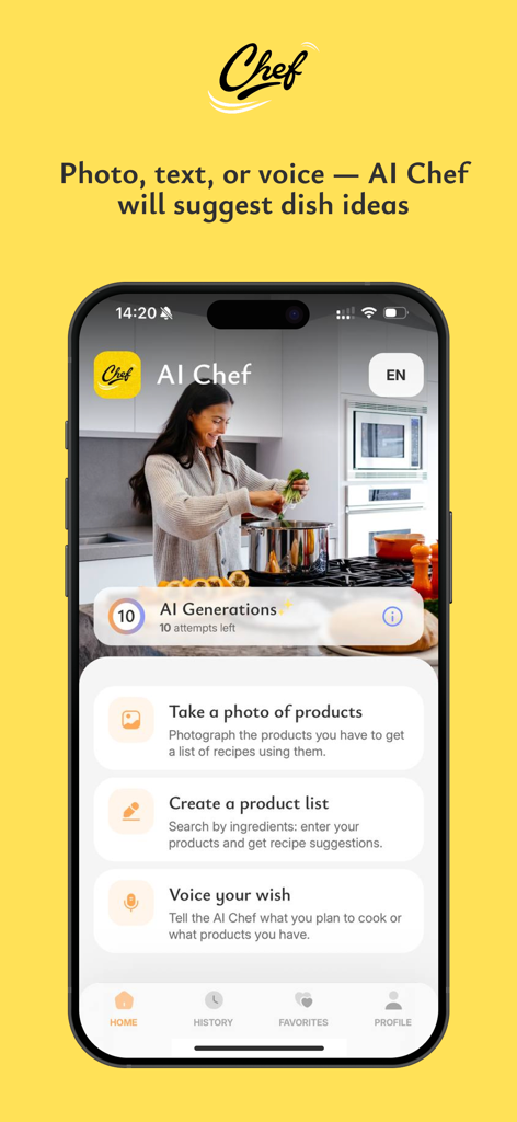 AI Chef - Pantalla de inicio de la aplicación móvil Chef IA que muestra opciones de generación de recetas mediante foto, texto y voz