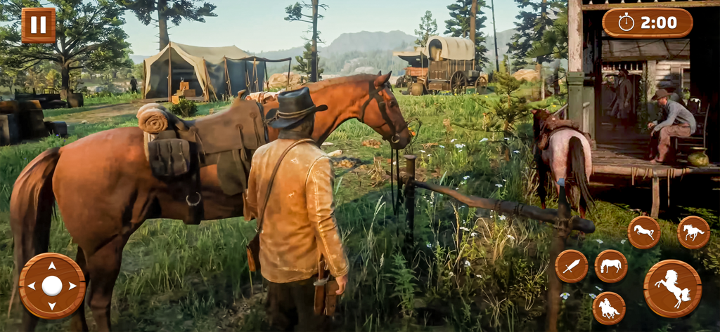 Wild Horse Simulator Jungle 3D - カウボーイが3Dシミュレーションキャンプでテントとワゴンと共に茶色の馬の隣に立っている。