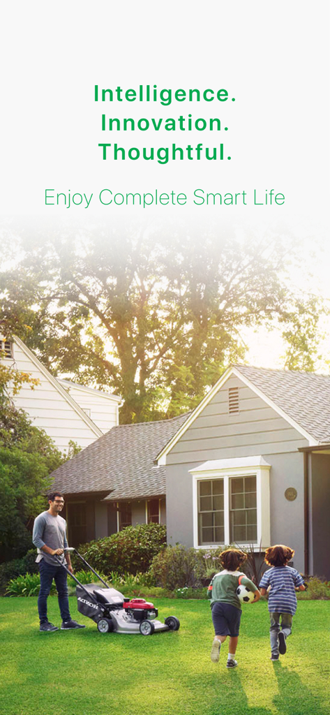 Homeguardsafe - A man mowing the lawn and children playing in front of a suburban home representing a secure smart life