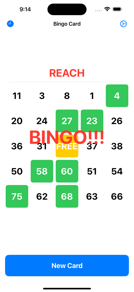 Bingo Card Creator - A digital bingo card showing a winning game and a BINGO alert