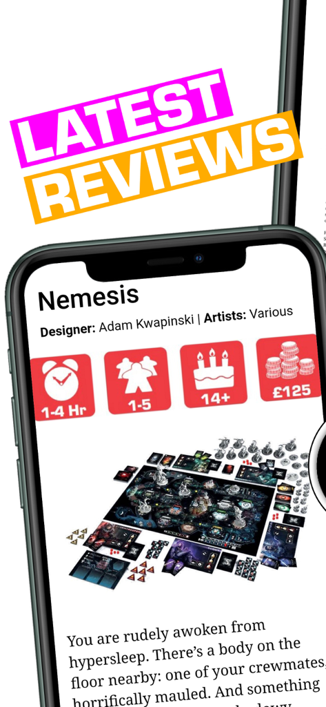 A mobile screen showing a review for the Nemesis board game within the Tabletop Gaming app.
