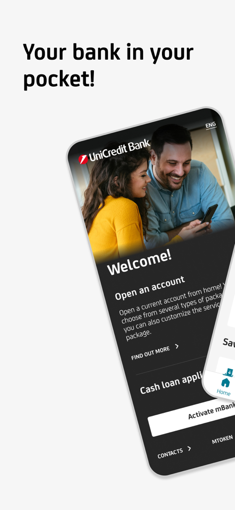UniCredit mBanking - UniCredit mBanking mobile app welcome screen with options to open an account and apply for a cash loan