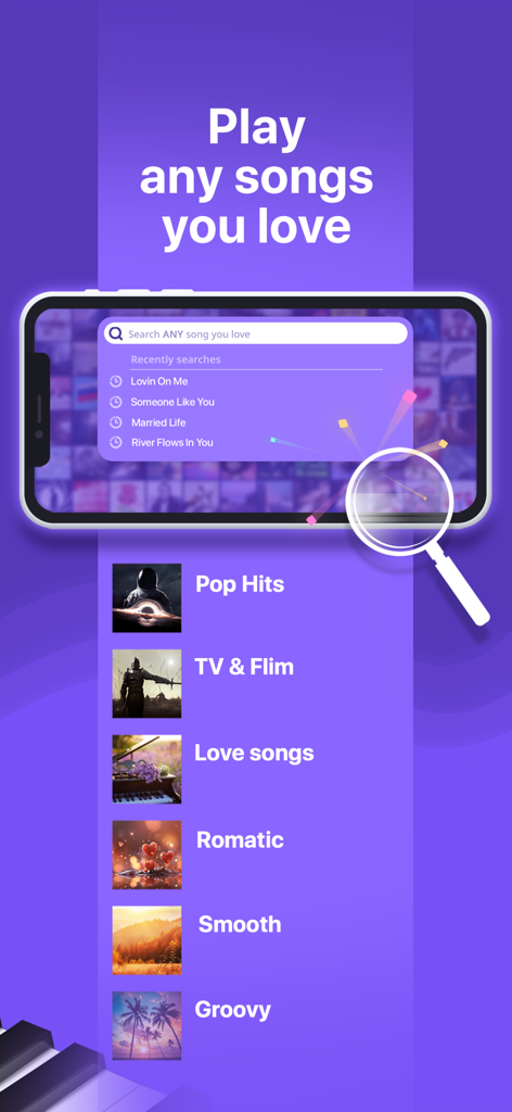 Mobile app interface for searching piano songs by category and title in Simpia