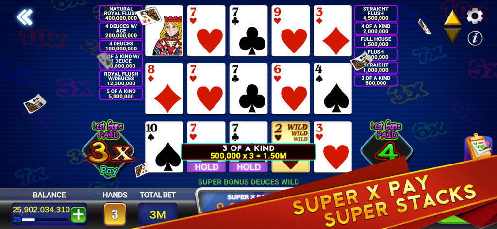 Gameplay screen of Video Poker Multi showing Super X Pay Super Stacks mode with three hands and a 3x multiplier win