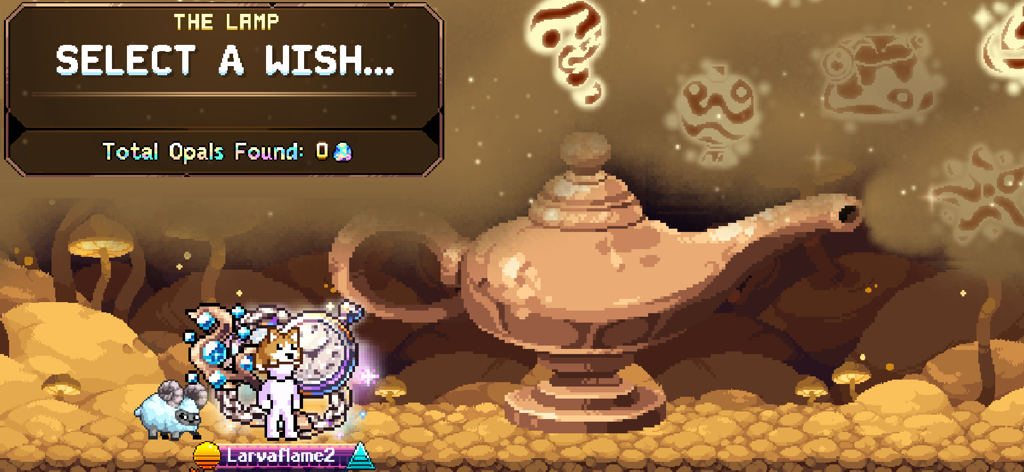Eine Pixel-Art-Zauberlampen-Oberfläche in IdleOn Idle RPG mit dem Text 'Wähle einen Wunsch aus'