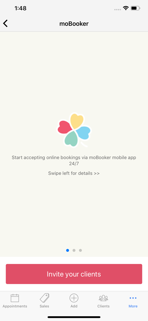 Bildschirm der mobilen SalonAppy-App mit der Option, Kunden für 24/7 Online-Buchungen über moBooker einzuladen