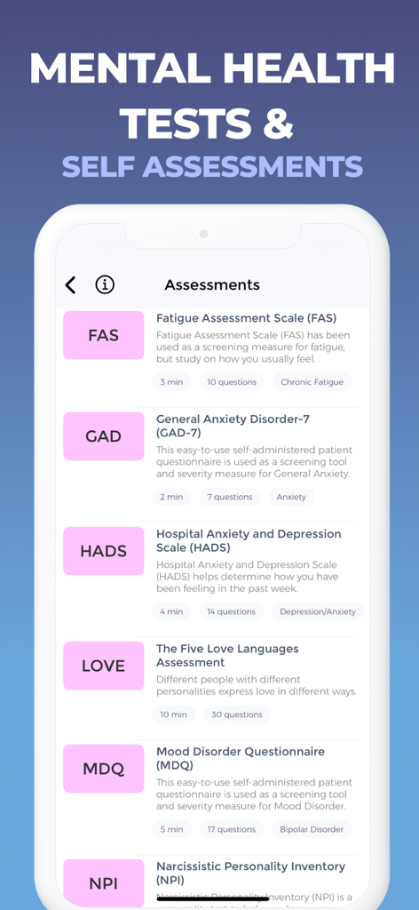 Mood Tracker Journal - A list of mental health self assessments and clinical tests in the Mood Tracker Journal app interface
