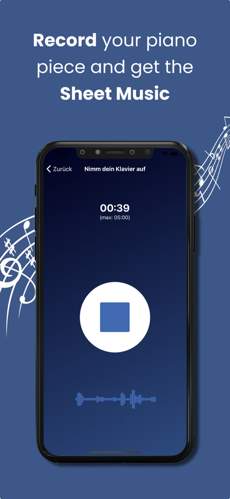 Smartphone showing the Piano2Notes app recording a piano piece to generate sheet music