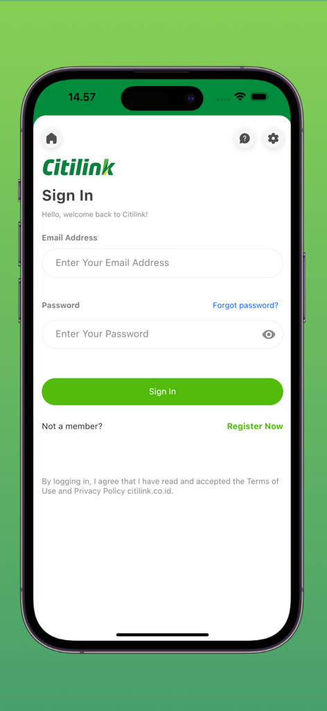 Pantalla de inicio de sesión de la aplicación móvil Citilink que muestra los campos de inicio de sesión de correo electrónico y contraseña