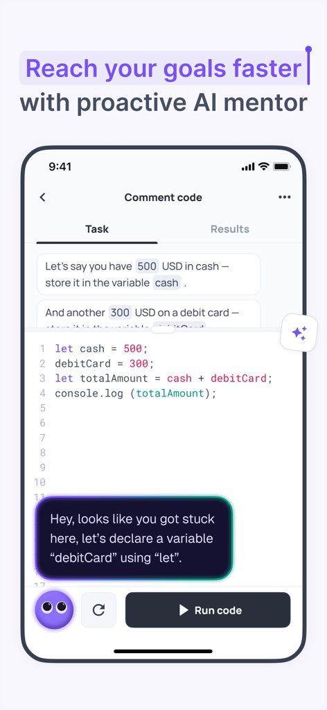 Kodree (Formerly Knowely) - Interfaz de la aplicación Kodree que muestra un mentor de IA proporcionando retroalimentación en tiempo real sobre una tarea de programación de JavaScript.