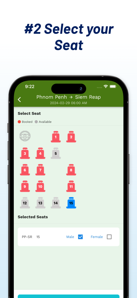 Larryta Bus app interface showing the interactive seat selection map for a trip from Phnom Penh to Siem Reap