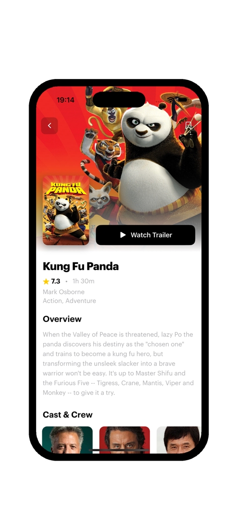Cintraily - Movies & Shows - L'application Cintraily montrant la page détaillée du film Kung Fu Panda avec la note, la bande-annonce et les informations sur le casting.