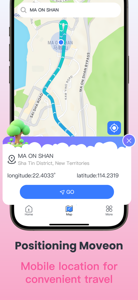 AnyTo - Location change tool - AnyTo app interface showing a map with location coordinates and a GO button for GPS spoofing.