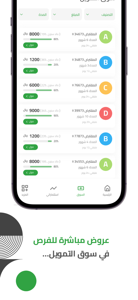 Sulfah app interface displaying a list of Sharia-compliant peer-to-peer financing and investment opportunities in the market tab