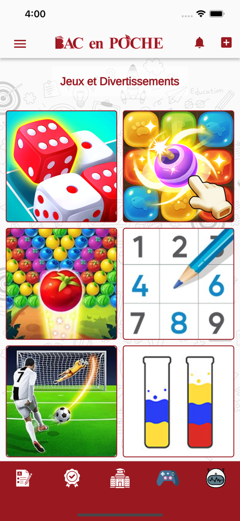 Captura de pantalla de la aplicación Bac en Poche Senegal que muestra la sección de Juegos y Entretenimiento con varios minijuegos educativos como Sudoku, fútbol y puzzles.
