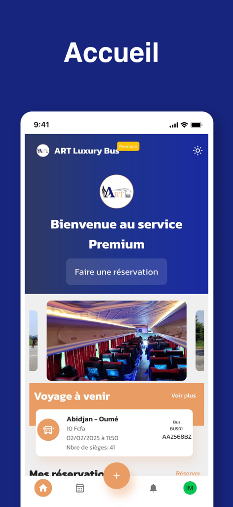 Home screen of the Art Luxury Bus app showing the premium service welcome message and upcoming trip details.
