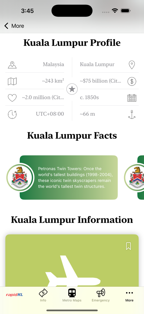 Kuala Lumpur Stadprofil und Faktenbildschirm mit Informationen über die Petronas Twin Towers und Stadtstatistiken