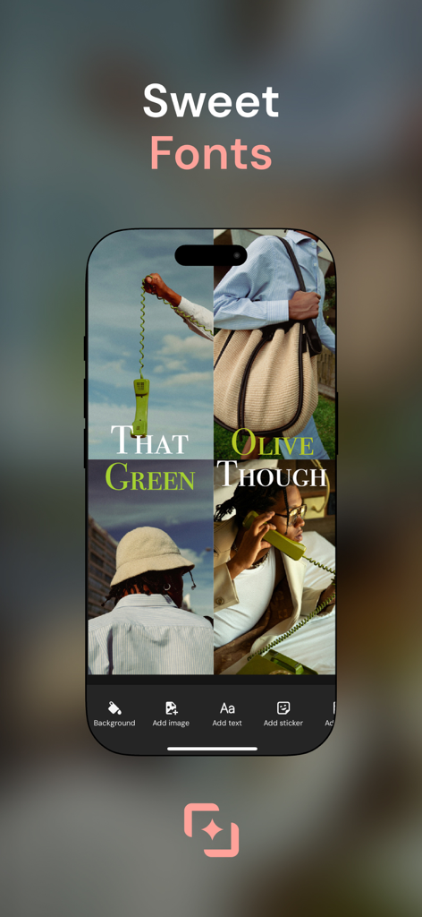 Collagio: Photo Collage Editor - A mobile app interface of Collagio showing a four-photo collage with stylish text overlays and editing options like background and add text.