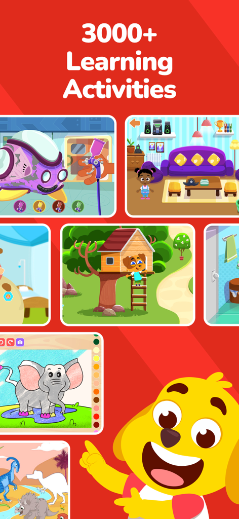 Screenshot of Kiddopia app showing various educational games and 3000 plus learning activities for kids