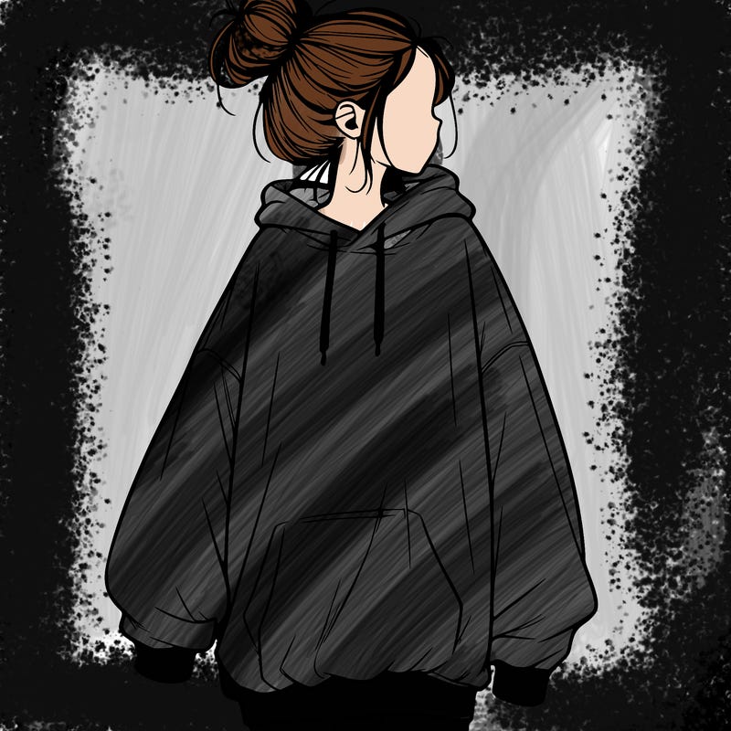 realistic girl with a oversized sweatshirt on and a bun