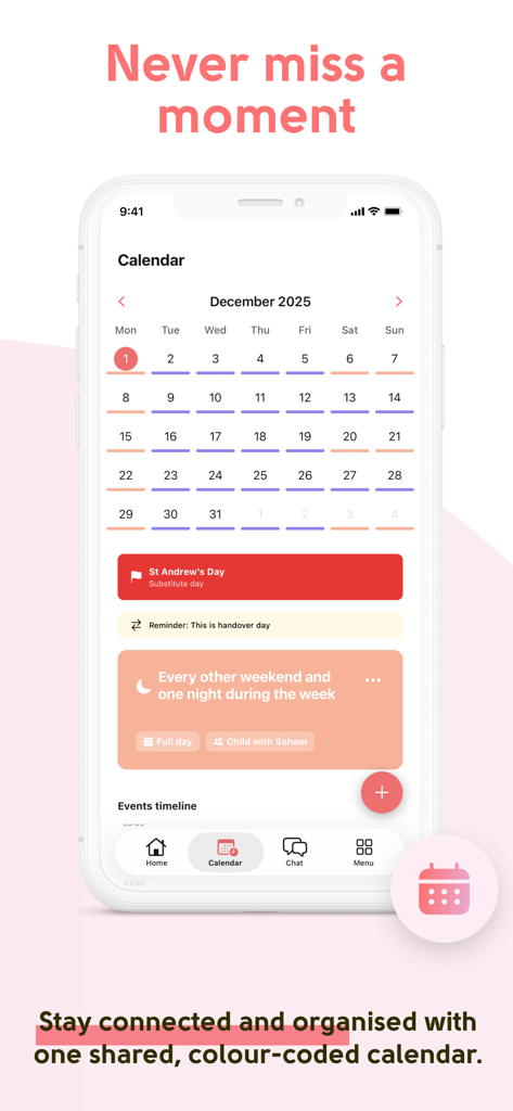 amicable - co-parent planner - Shared color-coded calendar in the amicable app showing handover reminders and custody schedules
