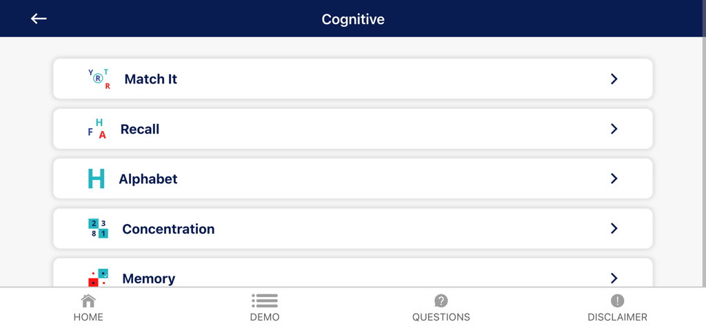 Brain Tool Kit - Menu screen of the Brain Tool Kit app showing a list of cognitive exercises including Match It, Recall, and Alphabet