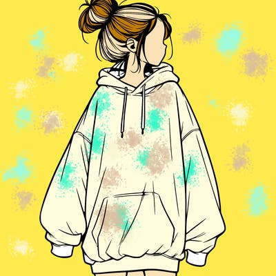 realistic girl with a oversized sweatshirt on and a bun